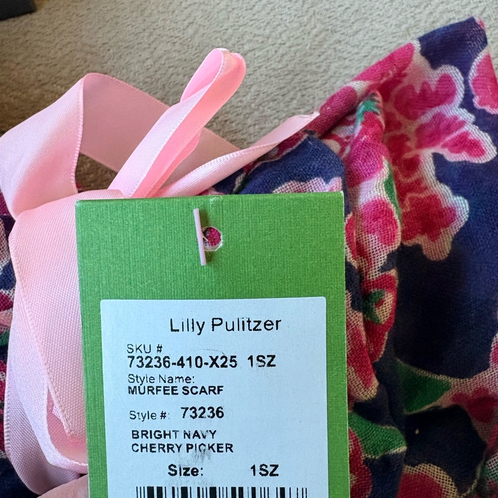 Lilly Pulitzer Pink and Navy Floral Scarf with Green Tag - Picture 3 of 3